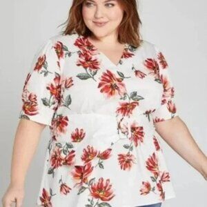 NWT Lane Bryant White Floral Print Belted Peplum Top in Size 26